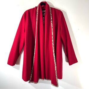 Luii Red Wool Blend Open Sweater Coat Leopard Trim